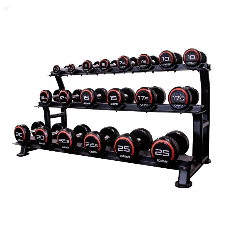 Jordan Fitness 2.5-25kg Red urethane Dumbbell Set with three tiered Rack