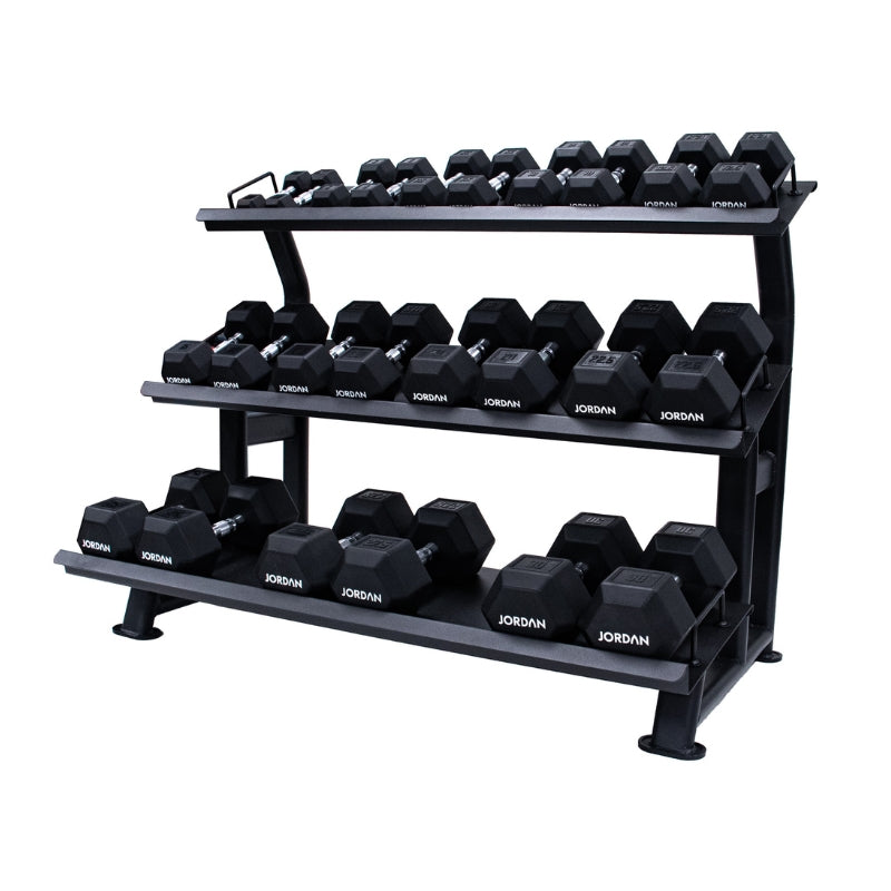 Jordan Fitness 2.5-30kg Hex urethane Dumbbell Set with three tiered Rack