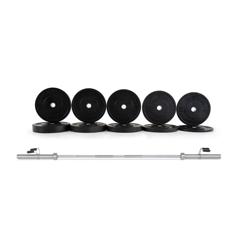 Pulse Fitness 86 inch Olympic barbell and 150kg plate set in black colour